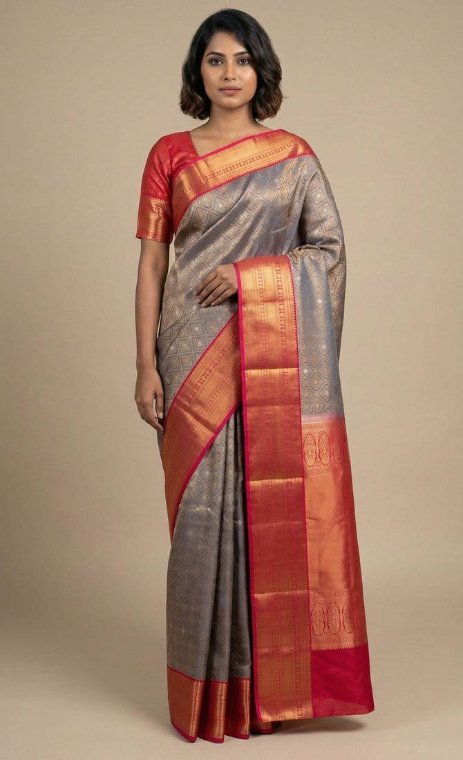 Steel grey and rani pink pure touch silk saree
