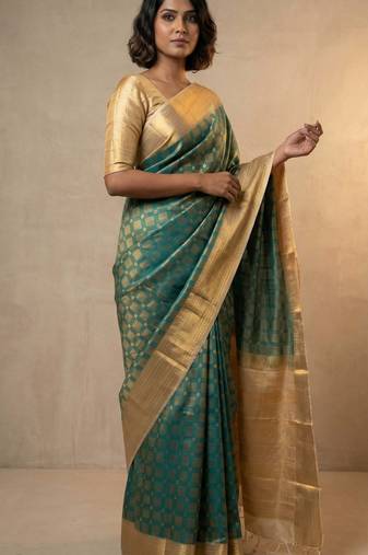 Teal green and off white soft silk saree