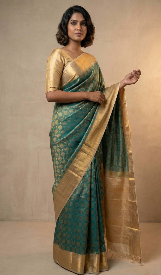 Teal green and off white soft silk saree
