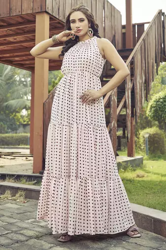 Women pink polka dot printed halter neck tiered maxi dress