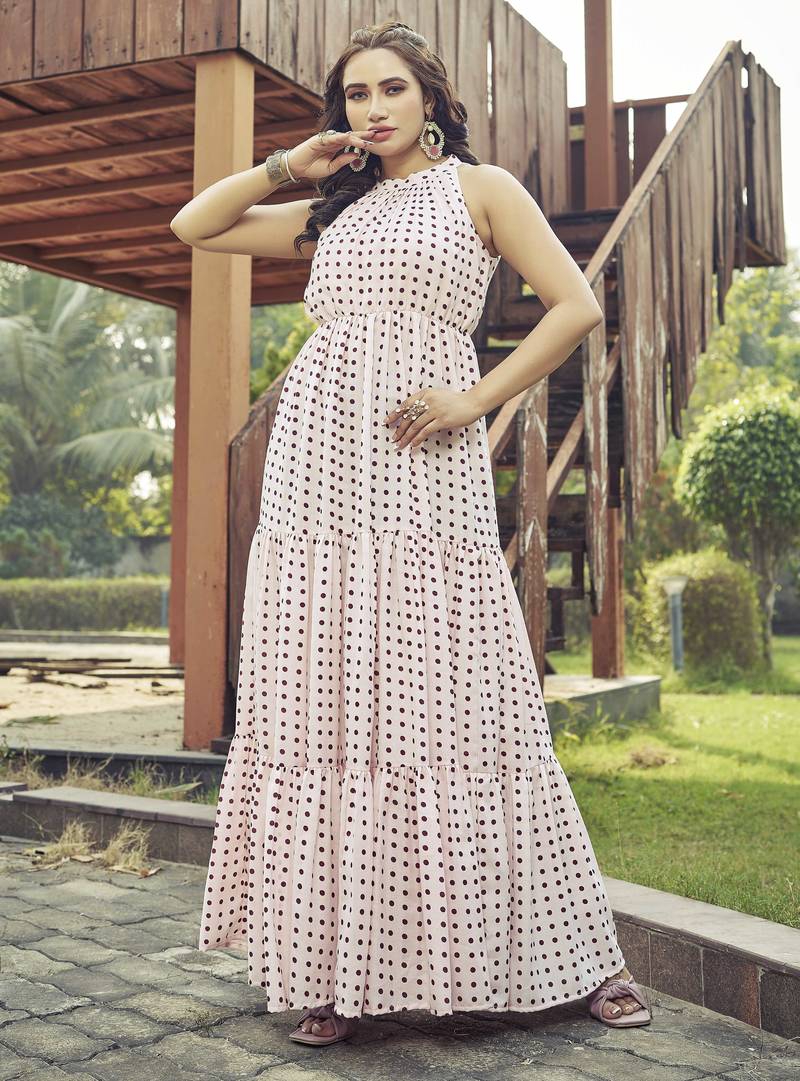 Women pink polka dot printed halter neck tiered maxi dress