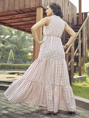 Women pink polka dot printed halter neck tiered maxi dress 2
