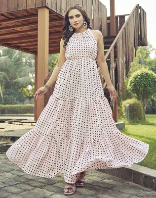 Women pink polka dot printed halter neck tiered maxi dress 5