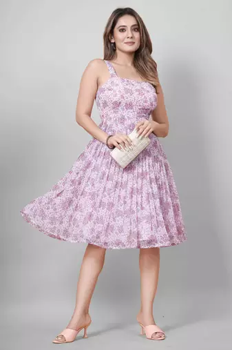 Women light pink floral printed square neck dress