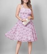 Women light pink floral printed square neck dress