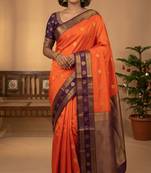 Neon orange and egg plant purple retta patta border semi silk saree