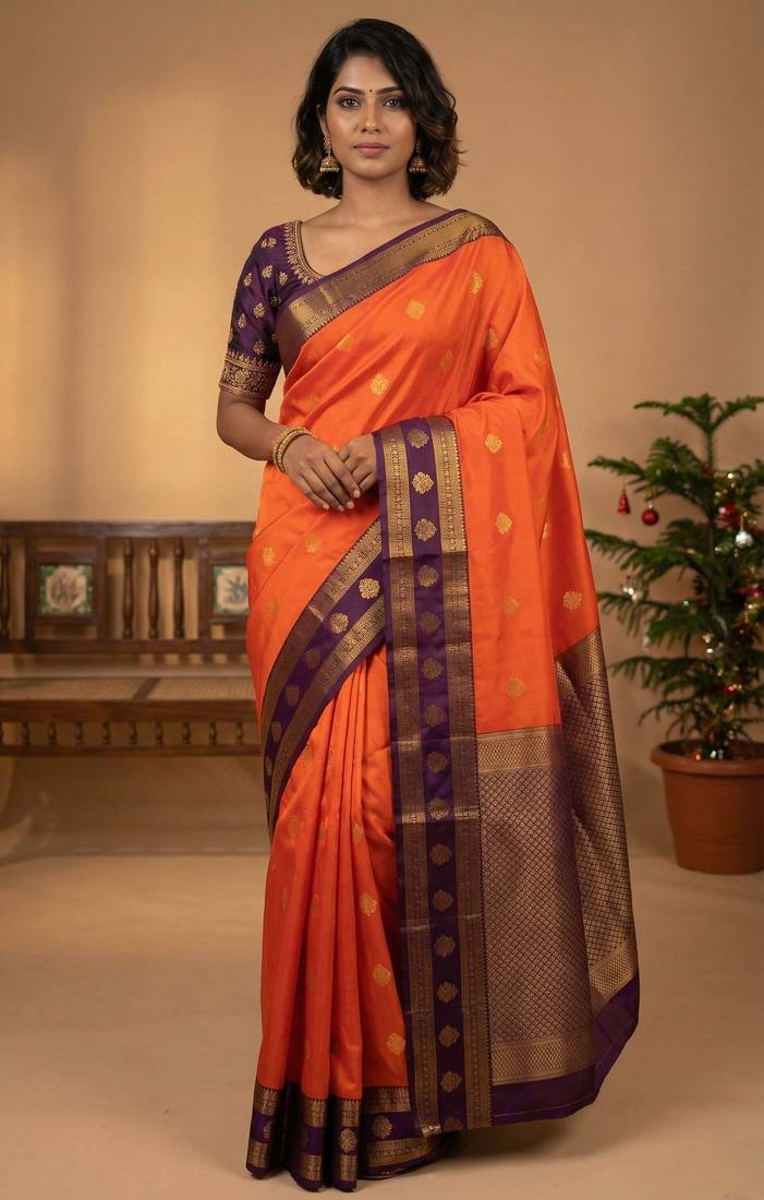 Neon orange and egg plant purple retta patta border semi silk saree
