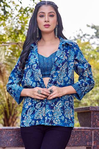 Turquoise blue floral print rayon ethnic fusion co-ord set