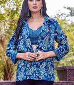 Turquoise blue floral print rayon ethnic fusion co-ord set