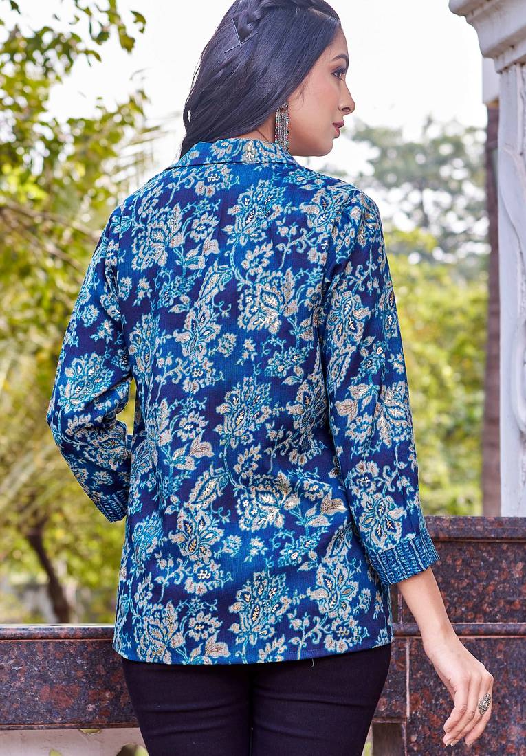 Turquoise blue floral print rayon ethnic fusion co-ord set