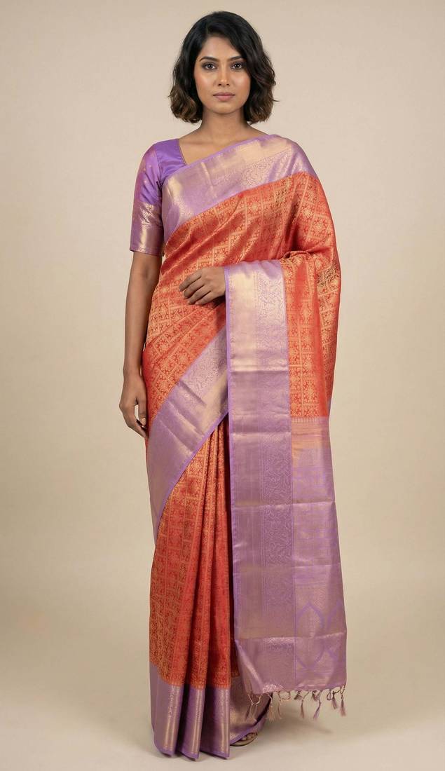 Dual tone Orange and lavender soft silk saree