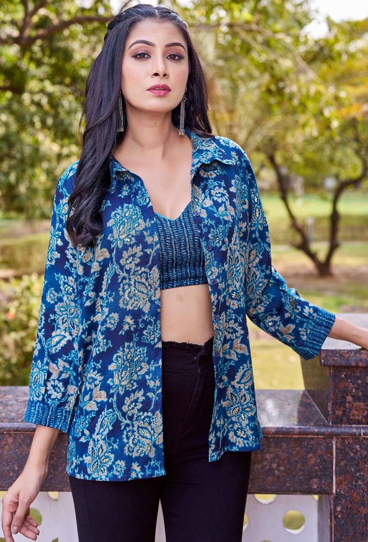 Turquoise blue floral print rayon ethnic fusion co-ord set