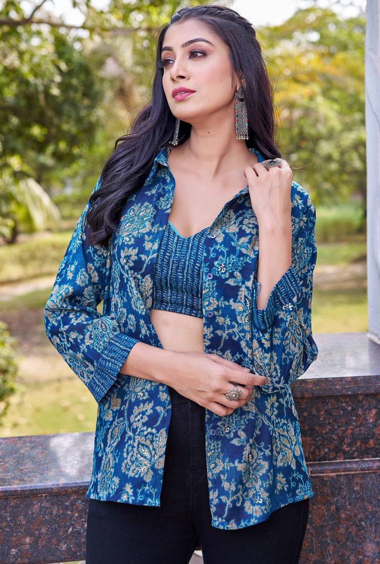 Turquoise blue floral print rayon ethnic fusion co-ord set