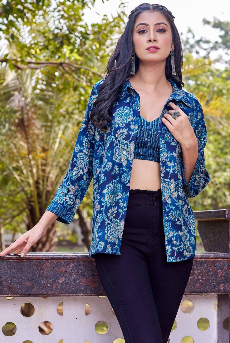 Turquoise blue floral print rayon ethnic fusion co-ord set