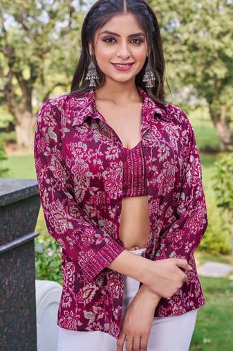 Burgundy floral print rayon ethnic fusion co-ord set