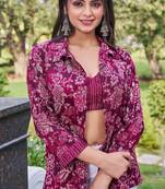 Burgundy floral print rayon ethnic fusion co-ord set