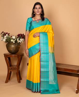 Bright yellow and turquoise blue pure kanchi silk saree 1