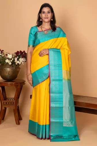 Bright yellow and turquoise blue pure kanchi silk saree