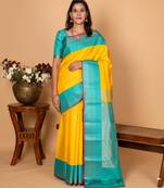Bright yellow and turquoise blue pure kanchi silk saree
