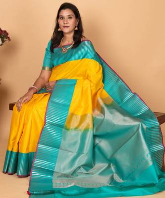 Bright yellow and turquoise blue pure kanchi silk saree 3