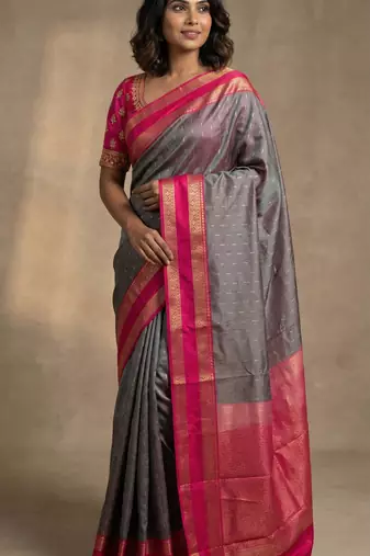 Paynes grey and rani pink soft silk saree