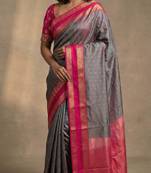 Paynes grey and rani pink soft silk saree