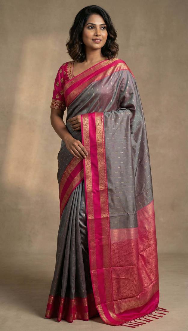 Paynes grey and rani pink soft silk saree