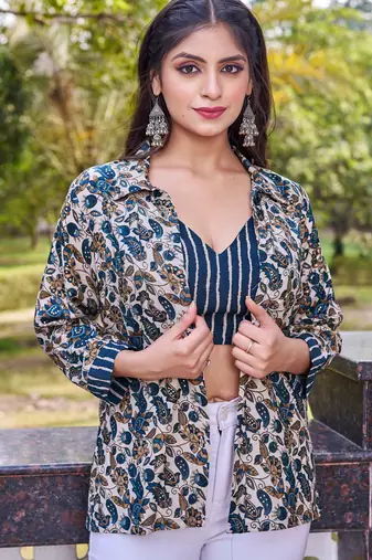 Turquoise blue-beige floral print rayon ethnic fusion co-ord set