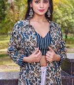 Turquoise blue-beige floral print rayon ethnic fusion co-ord set