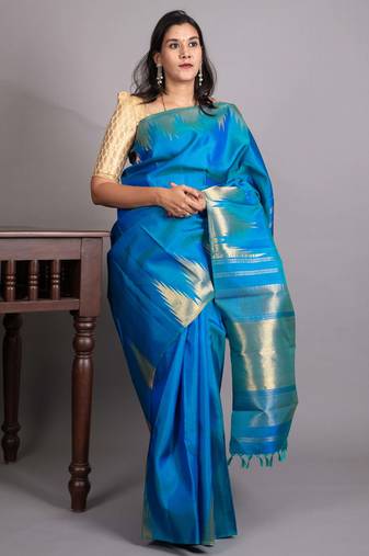 Peacock blue pure kanjivaram silk saree