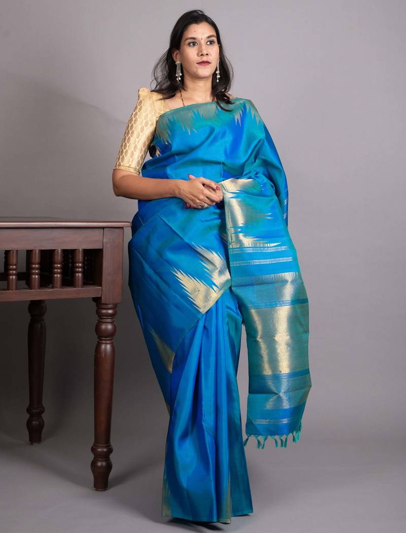 Peacock blue pure kanjivaram silk saree