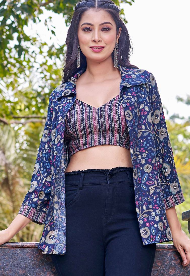 Brown floral print rayon ethnic fusion co-ord set