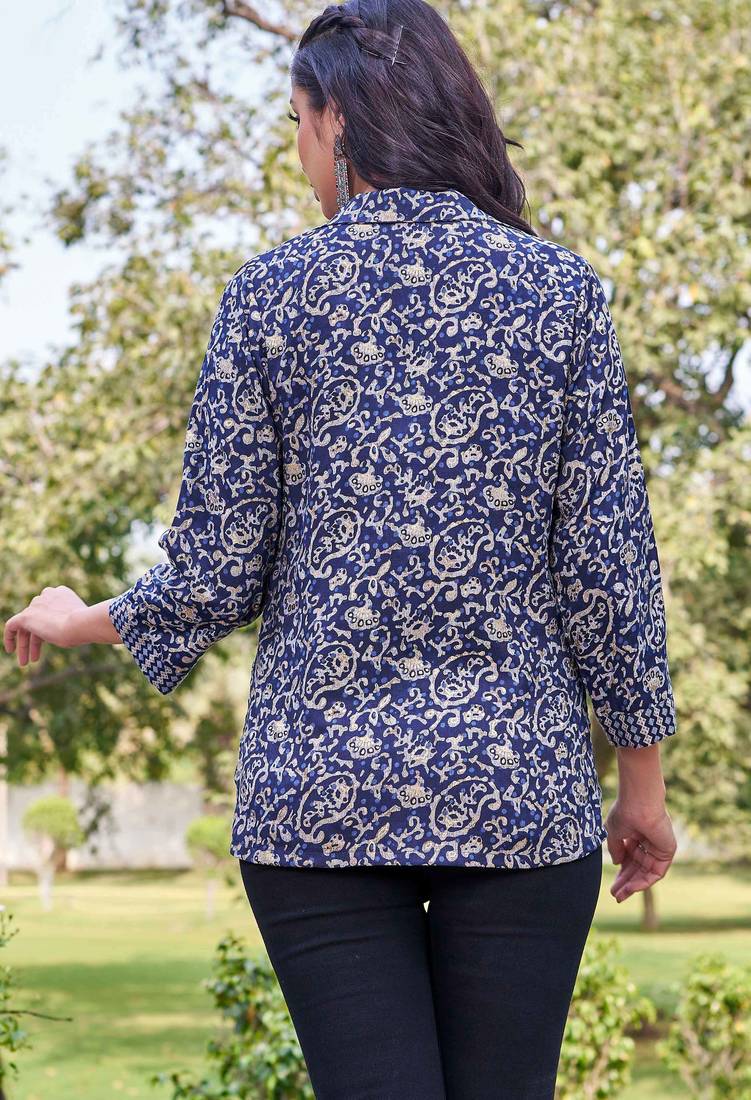 Blue floral print rayon ethnic fusion co-ord set