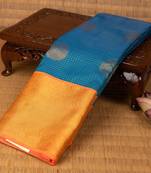 Peacock blue and coral  orange semi silk saree