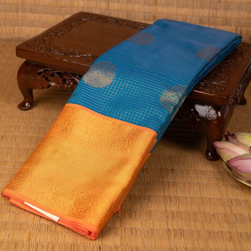 Peacock blue and coral  orange semi silk saree
