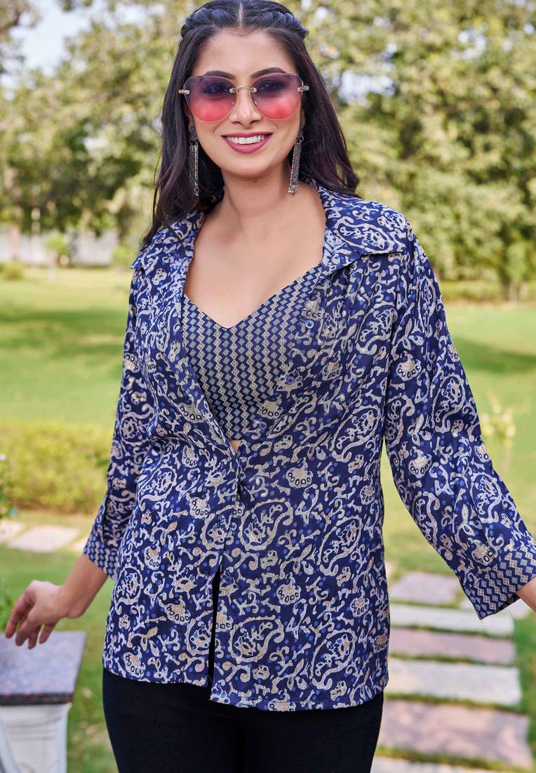 Blue floral print rayon ethnic fusion co-ord set