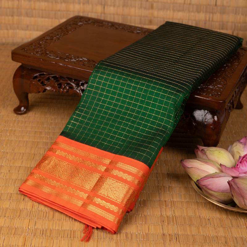Forest green and bright orange silk cotton saree
