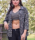 Black floral print rayon ethnic fusion co-ord set