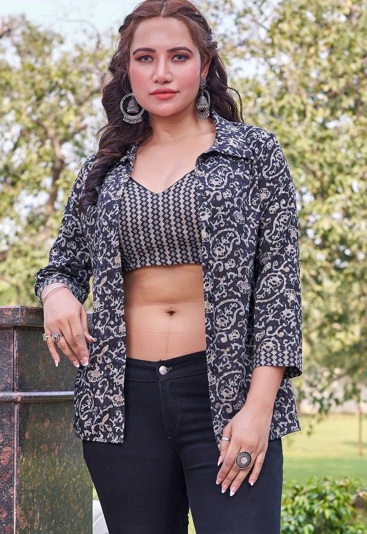 Black floral print rayon ethnic fusion co-ord set