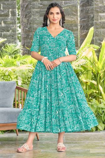 Women turquoise blue all-over paisley print rayon fit & flare maxi dress