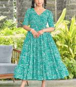 Women turquoise blue all-over paisley print rayon fit & flare maxi dress