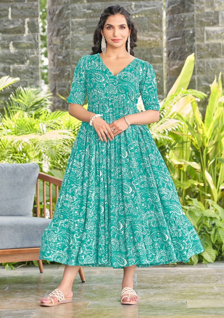 Women turquoise blue all-over paisley print rayon fit & flare maxi dress