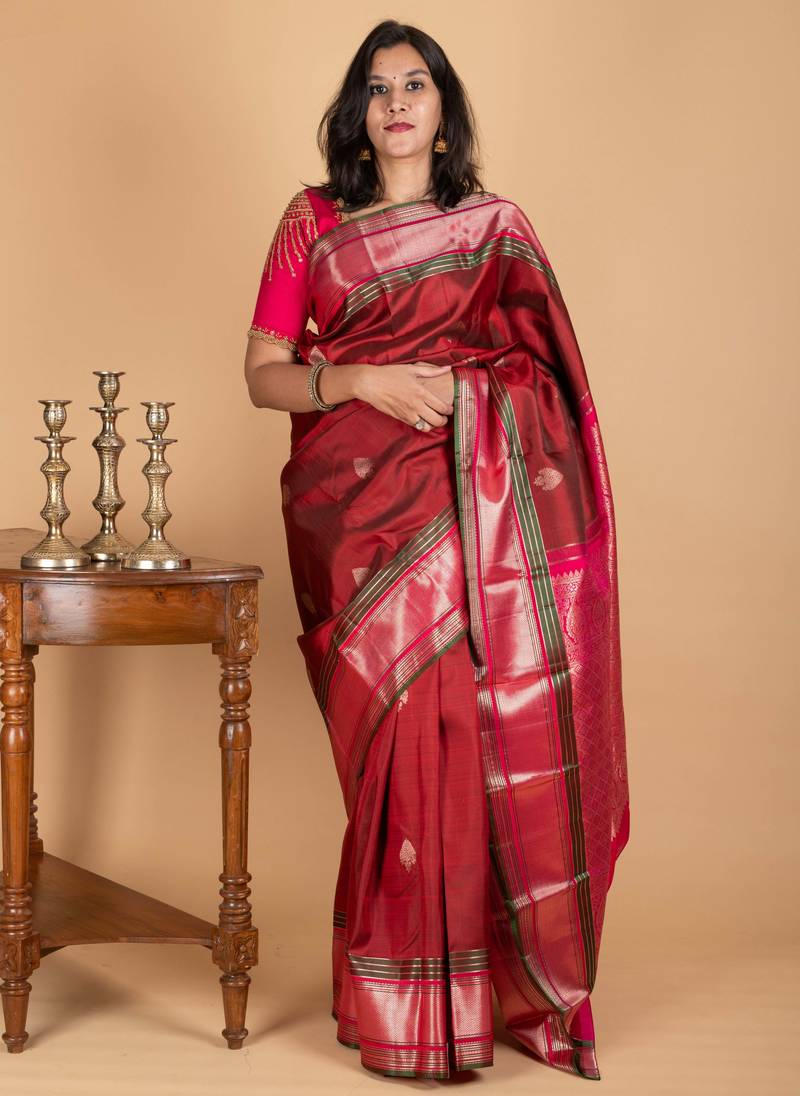 Pink and maroon silk saree