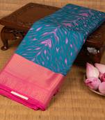 Peacock blue and bubblegum pink semi silk saree