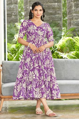Women purple all-over floral print rayon fit & flare maxi dress