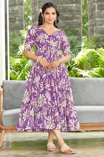 Women purple all-over floral print rayon fit & flare maxi dress