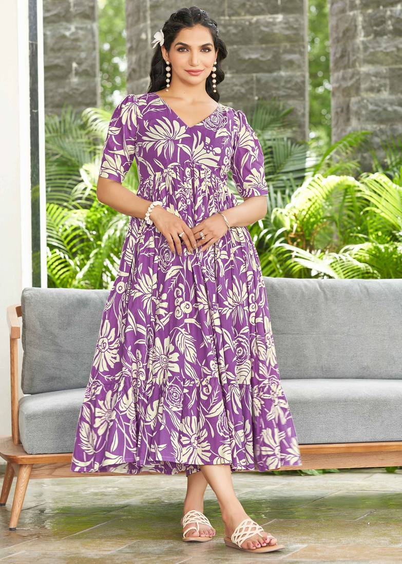 Women purple all-over floral print rayon fit & flare maxi dress