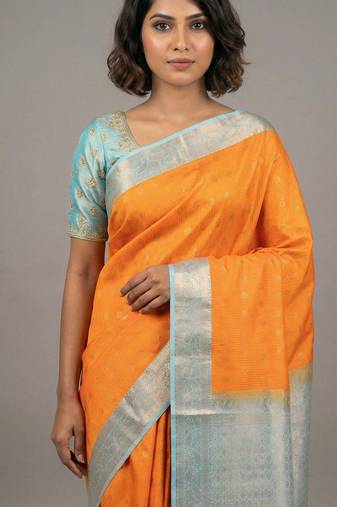 Orange and sky blue semi silk saree