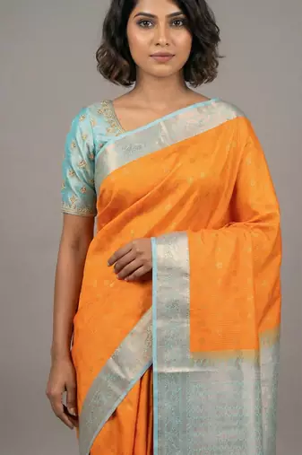 Orange and sky blue semi silk saree