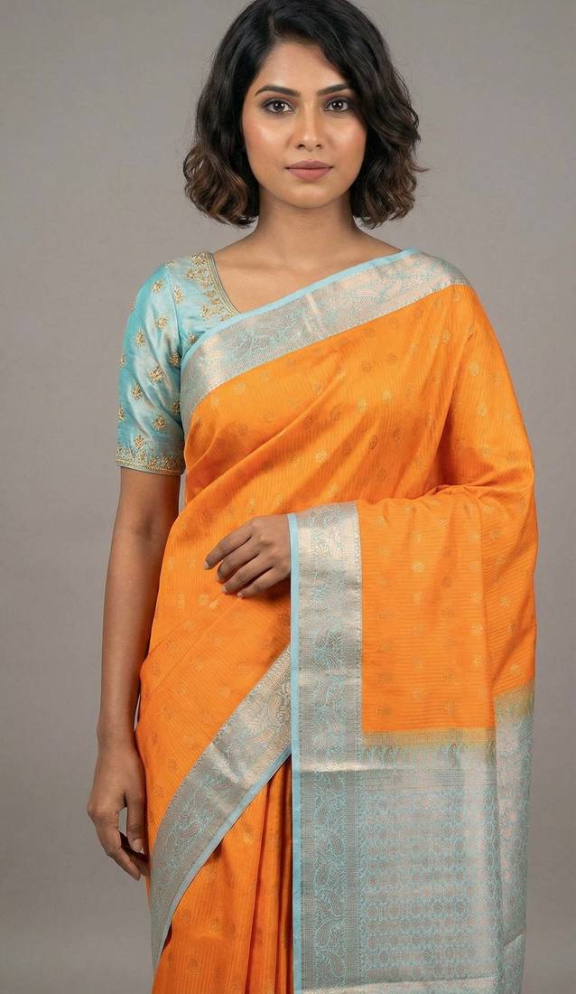 Orange and sky blue semi silk saree